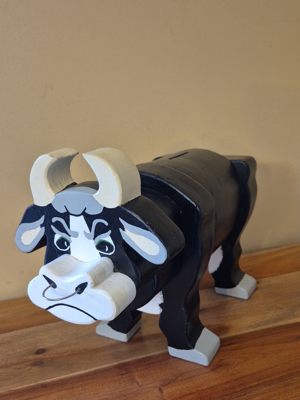 Vintage Large Hand-Painted Black and White Bull / Cow Bank - Country Folk Art